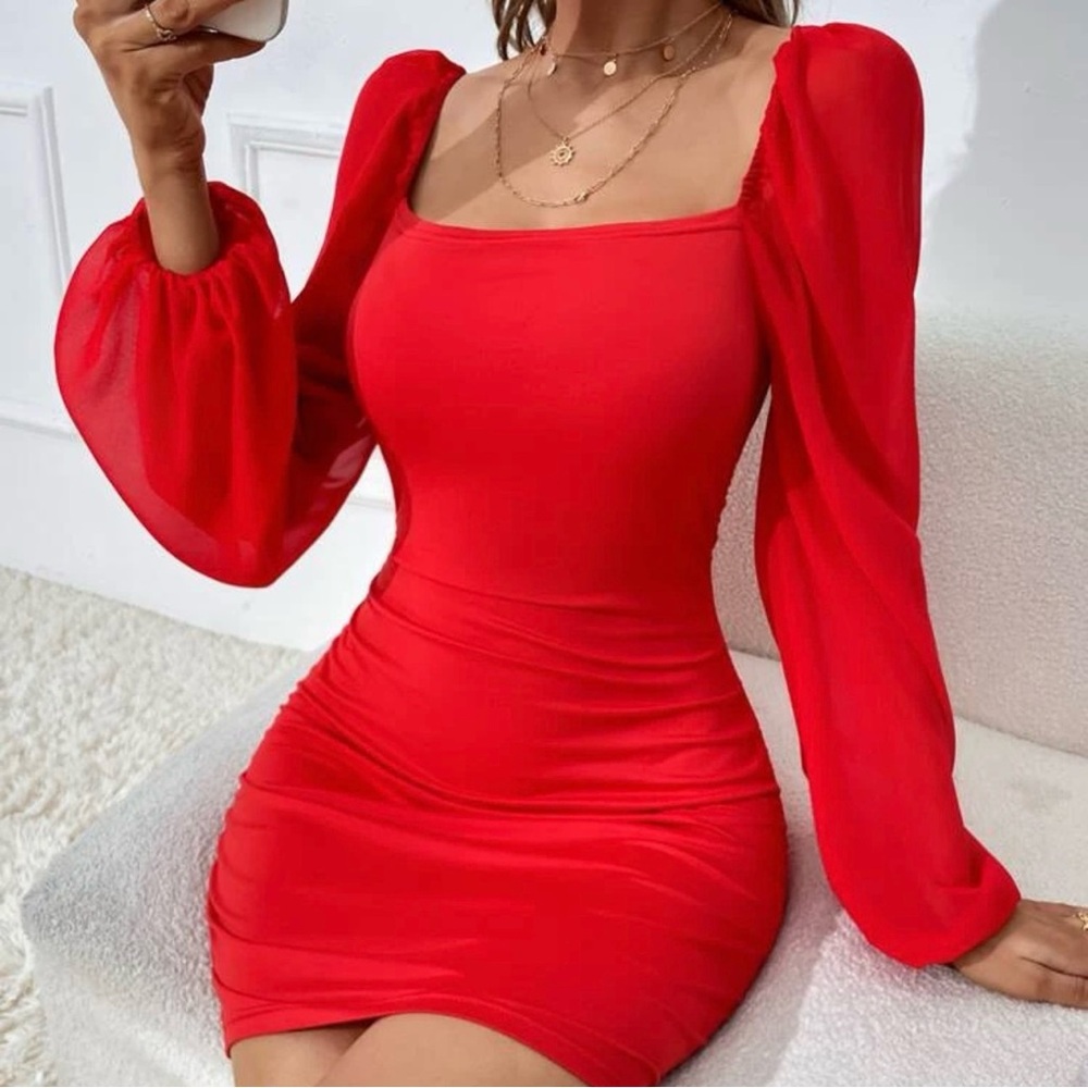 Red Square Neck Long Sleeve Dress with Balloon Sleeves